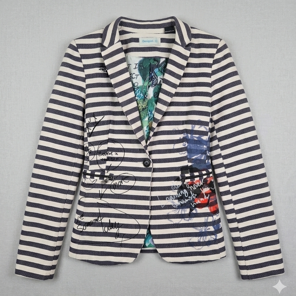 Desigual Women's Meduim Graffiti Navy & White Striped Blazer *READ* #KC